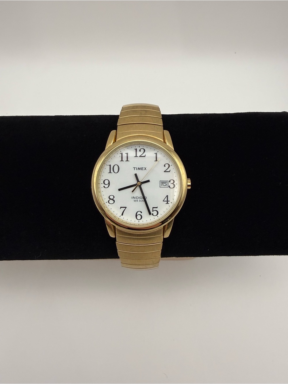 Timex INDIGLO Gold Tone Men’s Watch White Dial Date Expansion Band Untested